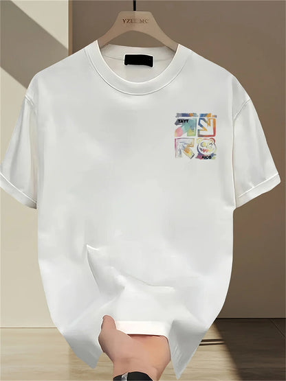 100% cotton men's casual loose T-shirt fashionable trendy brand pattern printed breathable round neck short sleeved top