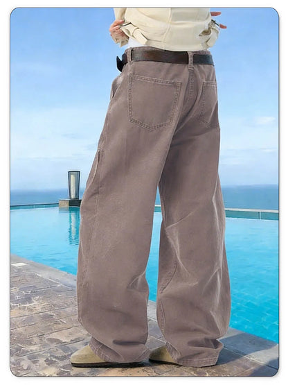 Spring Summer Retro Brown Baggy Wide Leg Casual Jeans 100% Cotton Daily Folded Splicing Deconstructed Casual Pants Unisex