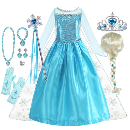 Girl Elsa Dress Princess Halloween Cosplay Party Kids Snow Queen Costume Princess Children Outfit Dress