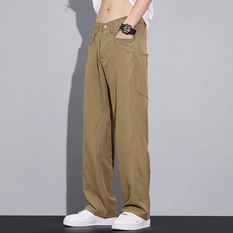 2026 Summer Thin Men's Loose Pants with Large Pockets Work Style Casual Straight Solid Color Male Simple Baggy Pants