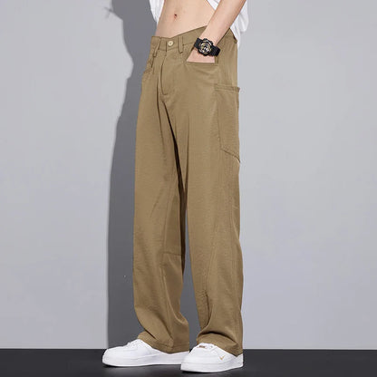 2026 Summer Thin Men's Loose Pants with Large Pockets Work Style Casual Straight Solid Color Male Simple Baggy Pants