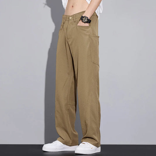 2026 Summer Thin Men's Loose Pants with Large Pockets Work Style Casual Straight Solid Color Male Simple Baggy Pants