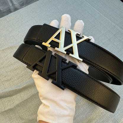 2026 Designer Men's Belt - AX Letter Buckle, 3.8cm Wide, Lychee Pattern, Plain Weave, High-End Fashion, Premium Leather Waistban