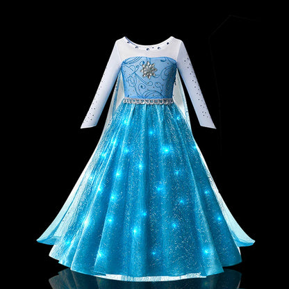 Fantasia Infantil Cosplay Elsa com LED Meninas Aniversário Festa Role Playing Vestido de Princesa com Capa Fantasia de Carnaval Halloween