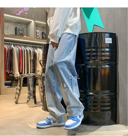Harajuku Smile Print Baggy Pants Men Streetwear Wide Leg Oversize Jeans Vintage Y2k Straight Long Trousers Male 2024 Fashion