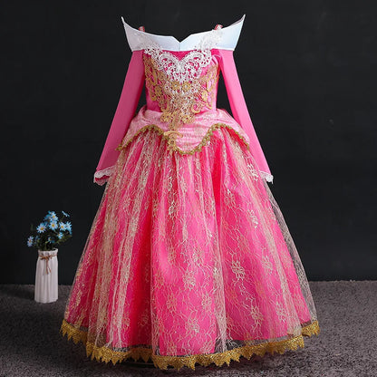 Luxury Girls Princess Costume Ball Gown Dress Fancy Birthday Carnival Party Off Shoulder Golden Applique Children Outfits Dress