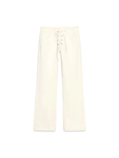 Drawstring Lace Up Women Jeans White High Waist Pockets Straight Female Denim Pants Female 2025 Summer New Fashion Lady Pant