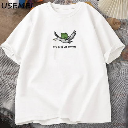 We Ride At Dawn T-Shirt Funny Frog and Goose Tee Casual Cotton Short Sleeve Round Neck Tshirt Streetwear Male Clothing Y2k