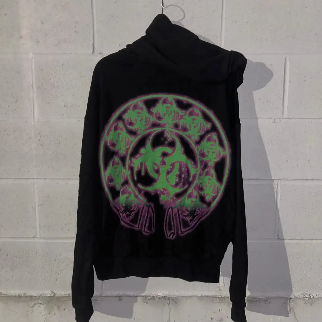 Mens Black Hooded Graphic Hoodie Horror Character Print Thriller Style Streetwear Unique Creative Design Express Individuality