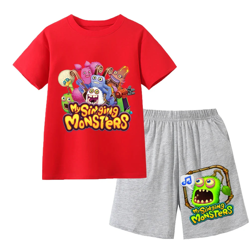 Summer Kids Cartoon Print Sport Clothing Suit Monsters Boys Casual Outfits Children Breathable T Shirt Pocket Shorts 2 Piece Set