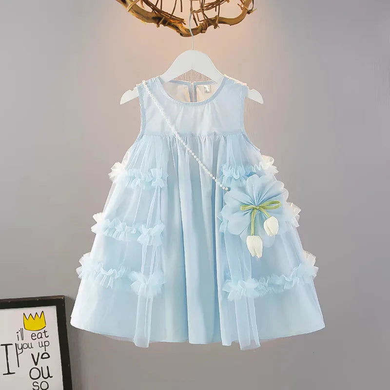 Cute blue lace sleeveless dress With Bag princess dress For 2-10 Yrs baby girls Children Clothes 6.1 Children's Day Clothing
