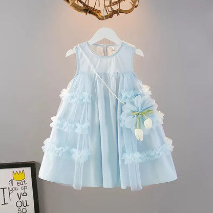 Cute blue lace sleeveless dress With Bag princess dress For 2-10 Yrs baby girls Children Clothes 6.1 Children's Day Clothing