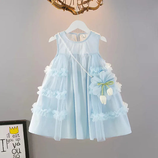 Vestido fofo de renda azul sem mangas com bolsa para meninas de 2 a 10 anos Roupa Infantil 6.1 Roupas de Dia das Crianças