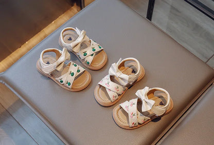 Baby Girls Leather Sandals Princess Sweet Kids Beach Sandals Summer New Children Toddlers Bow Sandals Embroidery Fruit Fashion