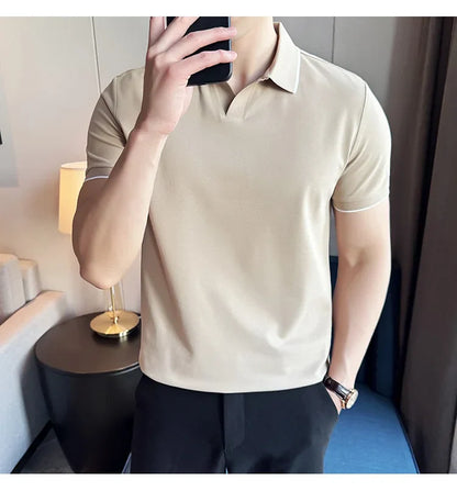 Business Casual Solid Color Men's Polo Shirt, 2024 Summer Classic, Men Short Sleeve V-neck T-shirt, Slim Fit Spliced Polo 4XL-M