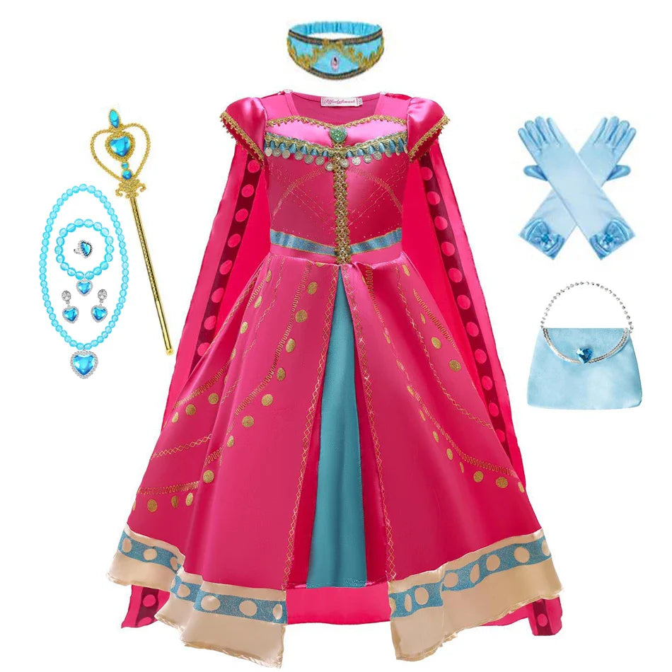 Princess Costume for Girls Arabian Dress for Kids Aladdin Cosplay Christmas Halloween Party with Gloves Crown Wand Accessories