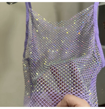 Summer New Mesh Diamond Crystal Short Halter Top AB Color Diamond Sexy Inner Shining Waistless Tops
