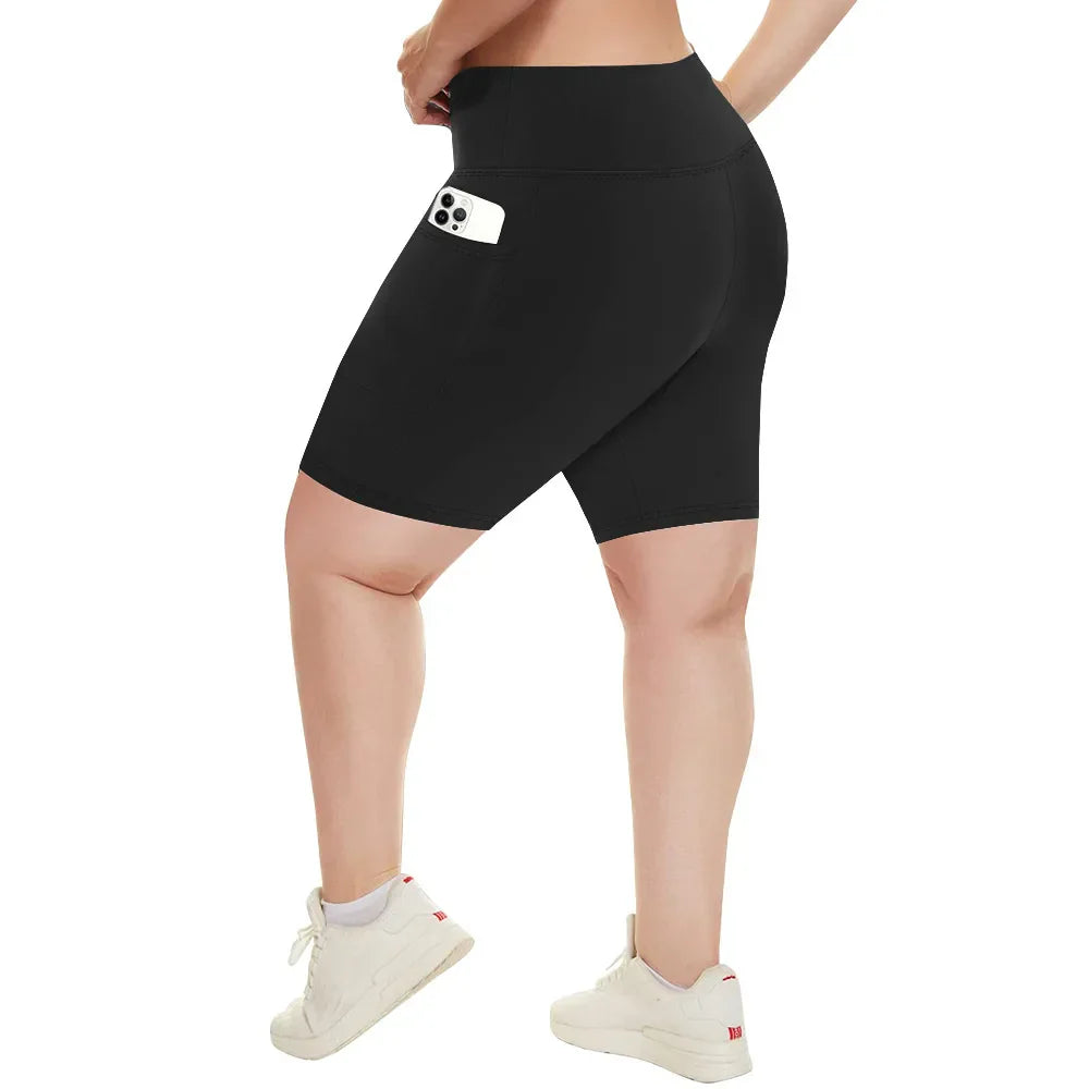 Plus Size Fit Yoga Shorts for Women's High Waist Side Pocket Workout Running Tight Stretchy Athletic Summer Fashion Slim Shorts