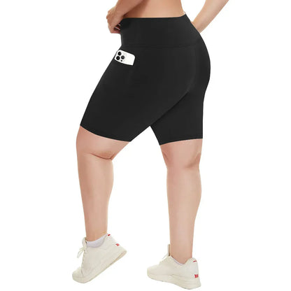 Plus Size Fit Yoga Shorts for Women's High Waist Side Pocket Workout Running Tight Stretchy Athletic Summer Fashion Slim Shorts
