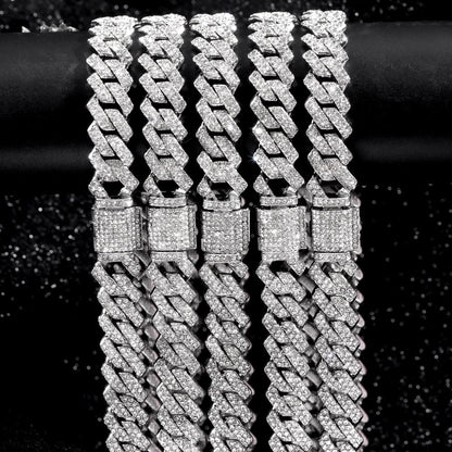 HipHop Men Women 14MM Prong Cuban Link Chain Necklace Bling Iced Out 2 Row Rhinestone Paved Miami Rhombus Cuban Necklace Jewelry