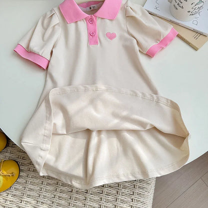 2026 Summer Stylish Girls' Polo Shirt Dresses 1-7Y Trendy Embroidered Heart Lapel Dress for Kid's Children's Clothing Outfit