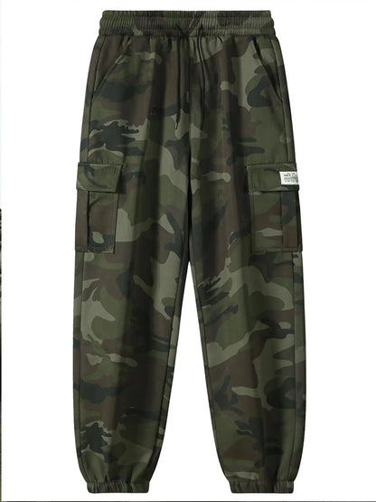 Men's Plain Sports and Casual Trousers with Drawstring Elastic Waist, Camouflage, with Pockets, Suitable for Outdoor Camping, Hiking and Mountaineering, Exercise and Fitness
