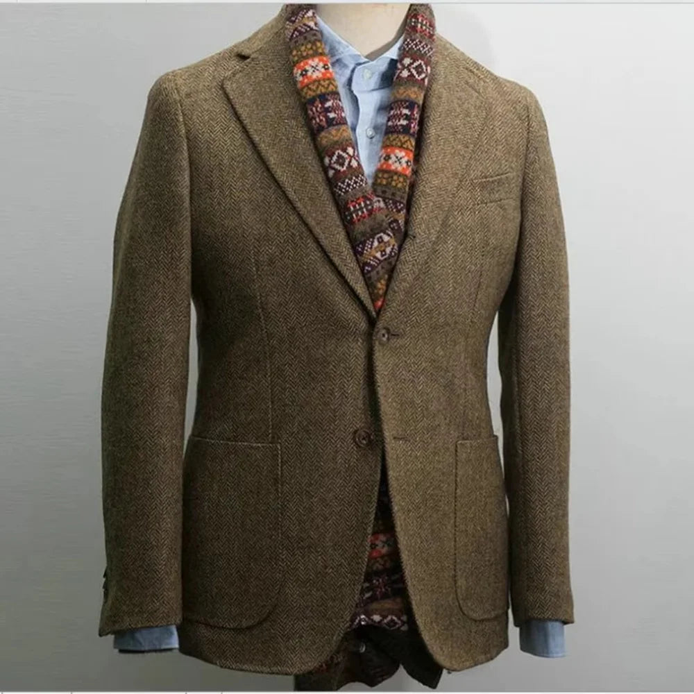 Men's Slim Fit Herringbone Blazer Set Luxury Cashmere Coat Casual Designer Mens Tuxedo Jacket Elegant Business Suit