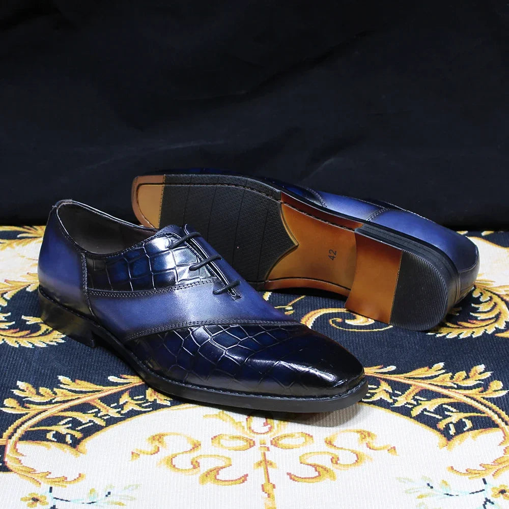 Luxury Men's Patent Leather Dress Shoes Alligator Pattern Oxford Brogue Lace-Up Formal Shoes for Office Wedding Party
