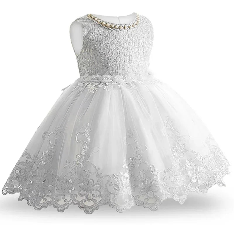 Baby Lace Wedding Dress Flower Girl Sleeveless Pearl Princess Dresses Infant 1st Birthday Party Costume Summer Kids Formal Gown
