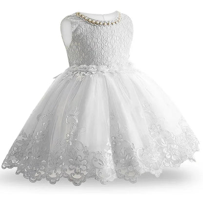 Baby Lace Wedding Dress Flower Girl Sleeveless Pearl Princess Dresses Infant 1st Birthday Party Costume Summer Kids Formal Gown