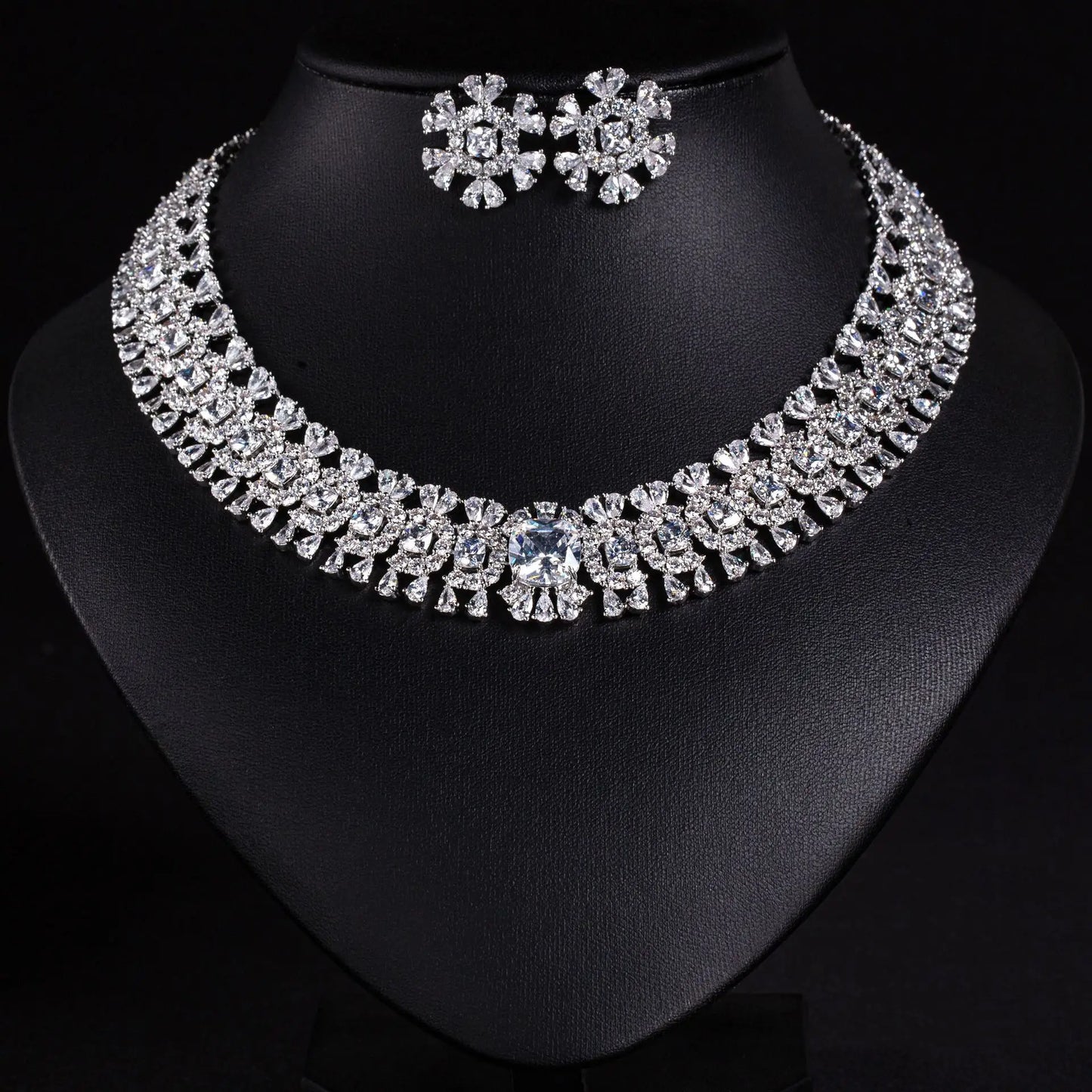 Sparkling Colourful Niche Delicate Flower Jewellery Necklace Earrings 2 Pcs Set Wedding Banquet Prom Bridal Women Dubai M-586