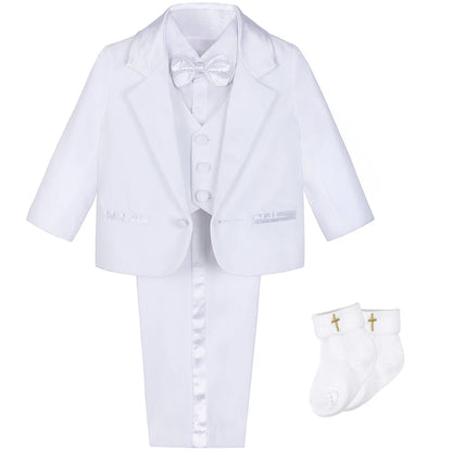 Baby Boy Baptism Outfit Infant White Christening Suit with Hat Toddler Wedding Birthday Party Clothing Long Sleeved Tuxedo 5PCS