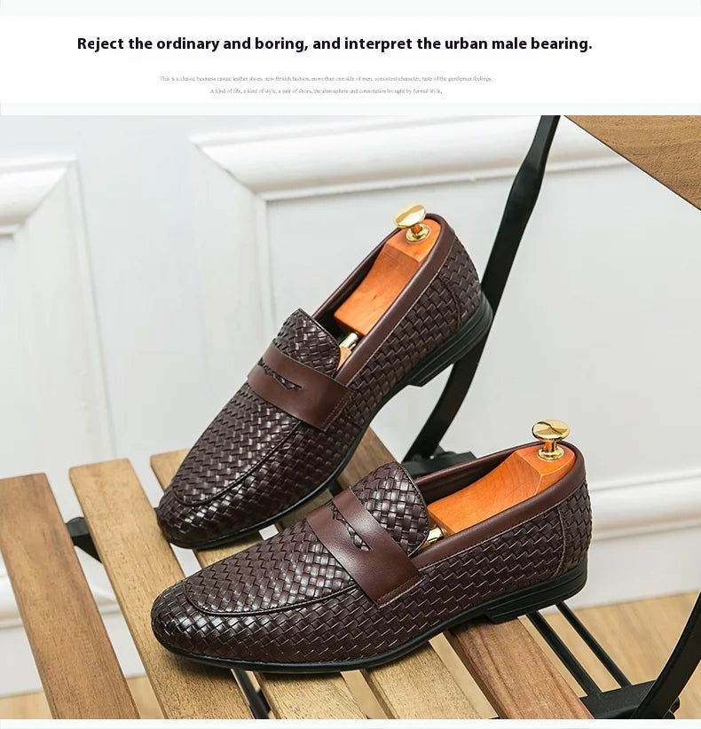 European station fashion brand luxury bean shoes leather men's shoes slip-on loafers classic plaid small leather shoes