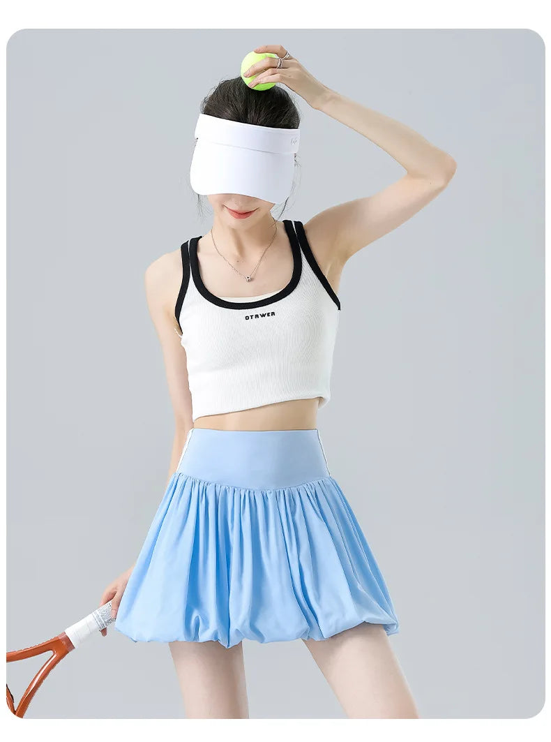 Women Summer Tennis Skirt High Waist Flared Flounce Skirt 2 in 1 with Shorts Anti-Exposure Athletic Pleated Golf Skirt Workout