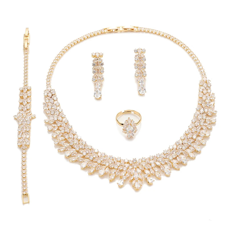 Conjuntos de joias de zircônia nupcial para mulheres, festa, luxo, colar, pulseira, brincos, anéis, casamento, BN8132, presente de aniversário