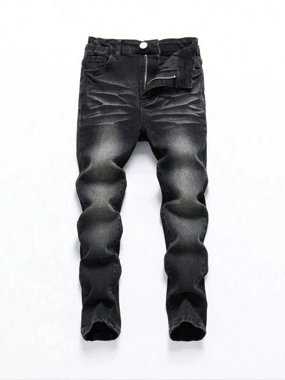 1 Piece of Men's Four-Season Snowflake Washed Fashion Jeans, Stretch Slim Fit Light Gray Dark Black Casual Denim Pants, Normcore and Fashionable, Suitable for Everyday Wear