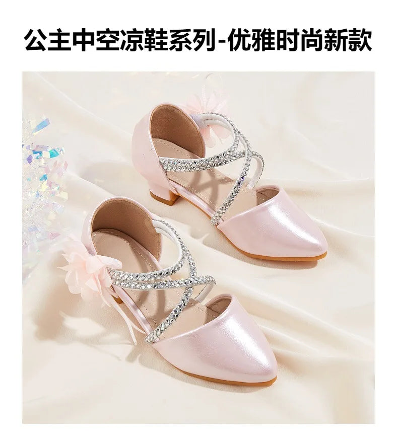 2025 Summer New Fashion Flower Girls' Princess Shoes Crystal Performance Children's Sandals Pointed Toe Children's High Heels
