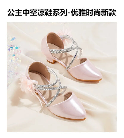 2025 Summer New Fashion Flower Girls' Princess Shoes Crystal Performance Children's Sandals Pointed Toe Children's High Heels