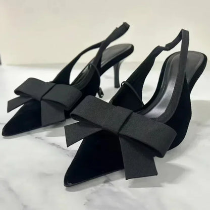 Black Velvet Butterfly-knot Designer Heeled Sandals Women Sexy Pointed Toe Slingbacks Women Pumps Elegant Party Dress High Heels