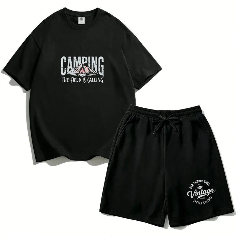 Boys 2PCS Cotton Outfit Set Mountain Print Short Sleeve Tee + Elastic Waist Shorts Camping Summer Set LH21