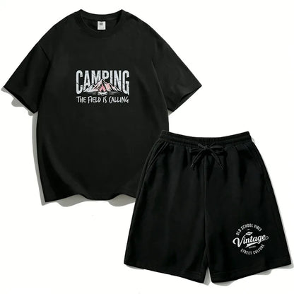 Boys 2PCS Cotton Outfit Set Mountain Print Short Sleeve Tee + Elastic Waist Shorts Camping Summer Set LH21