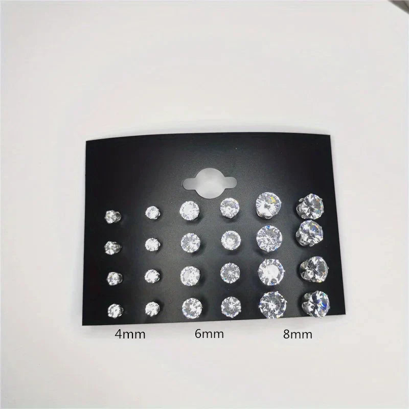 24pcs Cubic Zirconia Stud Earrings - Stainless Steel Claw Set for Men (12 Pairs)