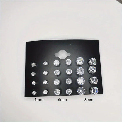 24pcs Cubic Zirconia Stud Earrings - Stainless Steel Claw Set for Men (12 Pairs)
