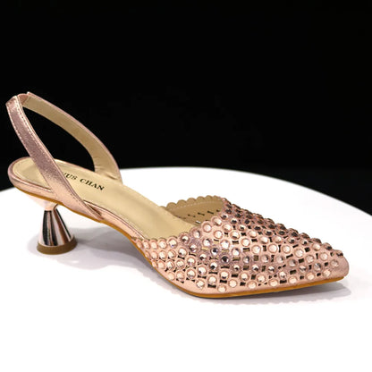 High Heels for Lady 2023 Luxury Designer Green Color Full Diamond Pointed Toe Wedding Shoe and Bag Set for Party