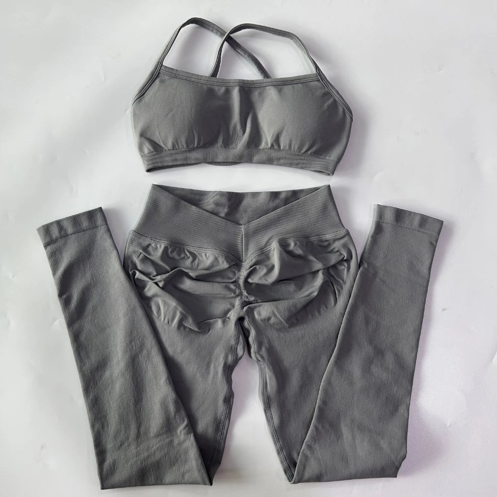 2 Pieces Gym Set For Women Clothes Seamless Scrunch Yoga Leggings Set Backless Sports Bra Fitness Workout Top Yoga Set Outfits