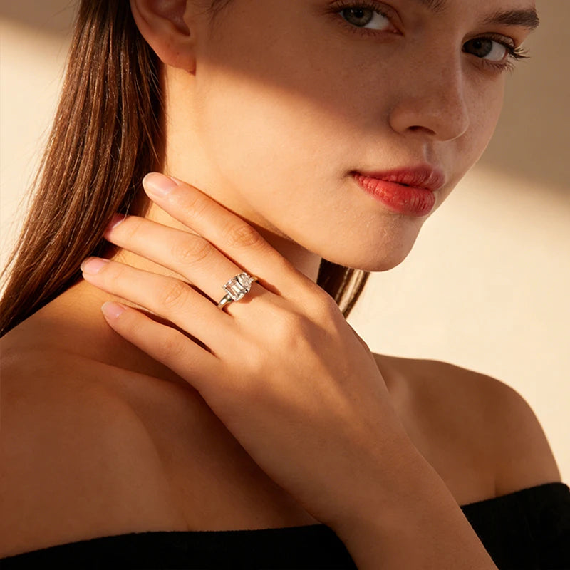 Pear Emerald Cut Moissanite Ring Engagement Rings for Women Two Stone 925 Sterling Silver with Gold Plated Wedding Band