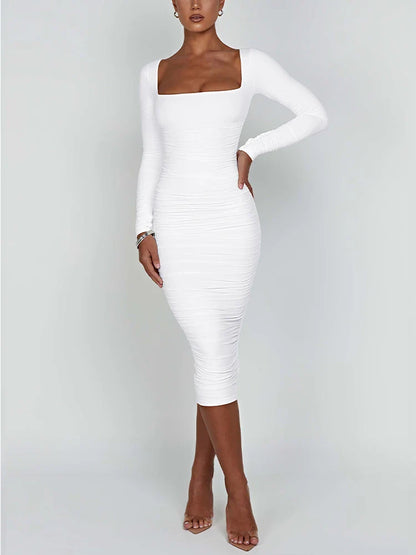 Vestido Feminino de Outono e Inverno Sexy Colado ao Corpo Decote Quadrado Manga Longa Vestidos de Noite para Senhoras
