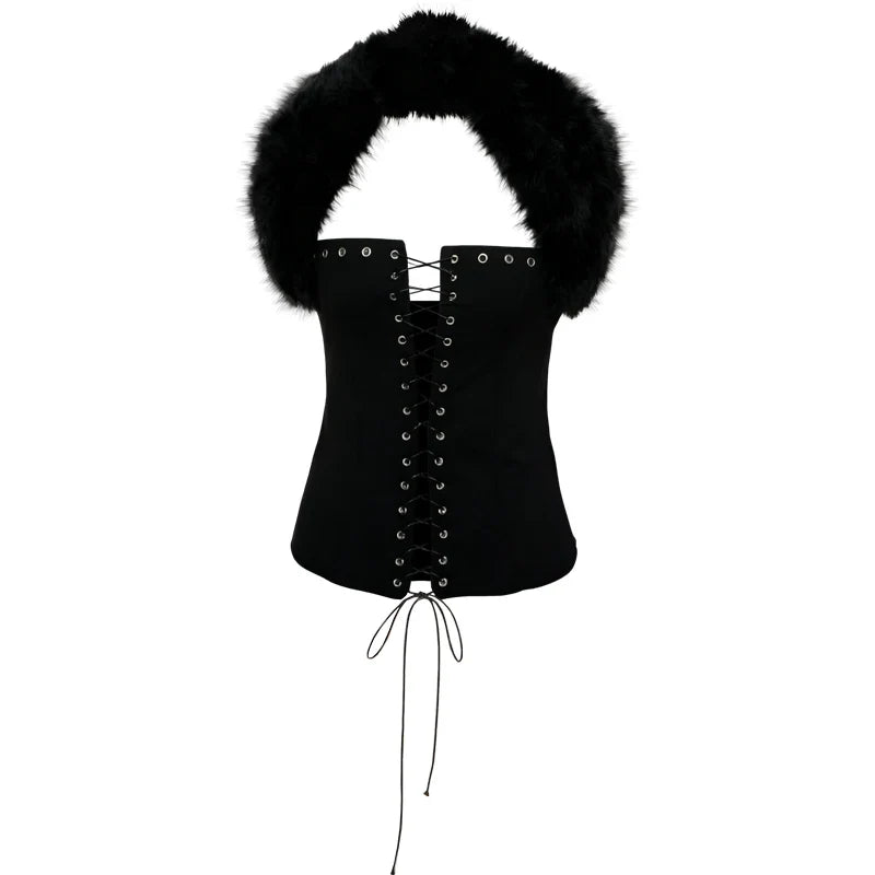 Furry Patchwork Sexy Tank Top Women Y2K Halter Backless Shirring Sleeveless Stretch Coquette Midnight Party Clubwear
