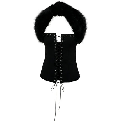 Furry Patchwork Sexy Tank Top Women Y2K Halter Backless Shirring Sleeveless Stretch Coquette Midnight Party Clubwear