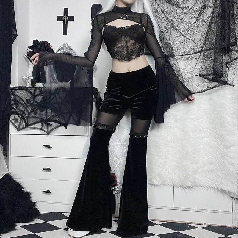 Black Mesh T-shirt Gothic Street Lace-up Punk Ring Flared Sleeves Eyelet Pullover Outer Harajuku Vintage Women Top